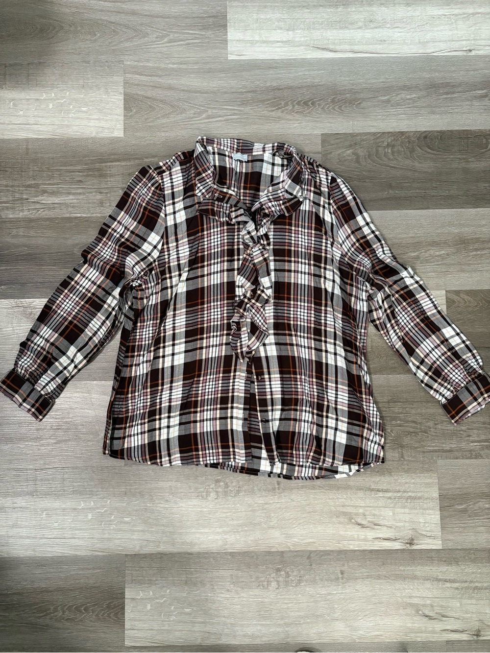 Chicos Brown Plaid Ruffle Front Button-Down Shirt XL